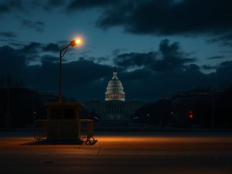 Flick International Empty urban landscape in Washington, D.C. at twilight with a deserted National Guard outpost