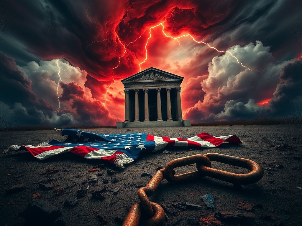 Flick International Abstract representation of chaos with a shattered American flag symbolizing national discord and division