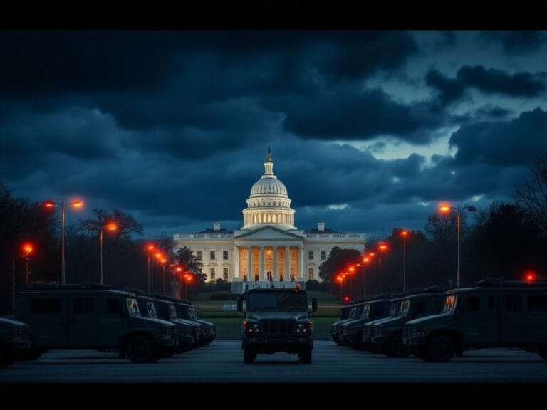 Flick International Dusk scene of Washington D.C. skyline with the White House and National Guard vehicles