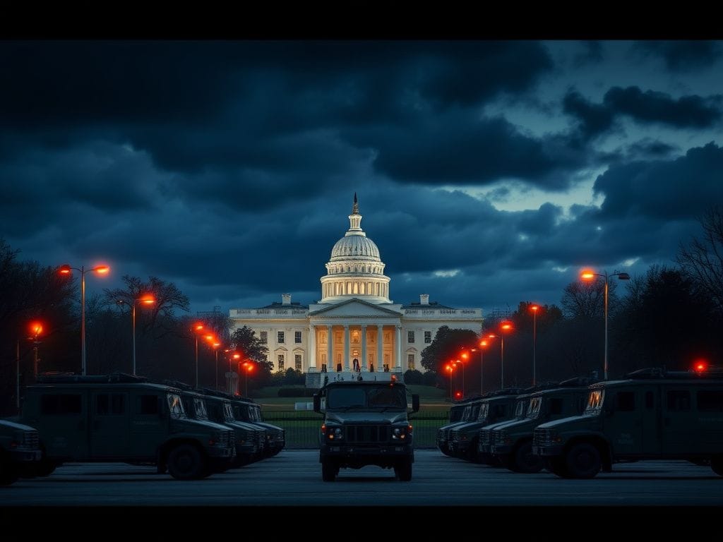 Flick International Dusk scene of Washington D.C. skyline with the White House and National Guard vehicles