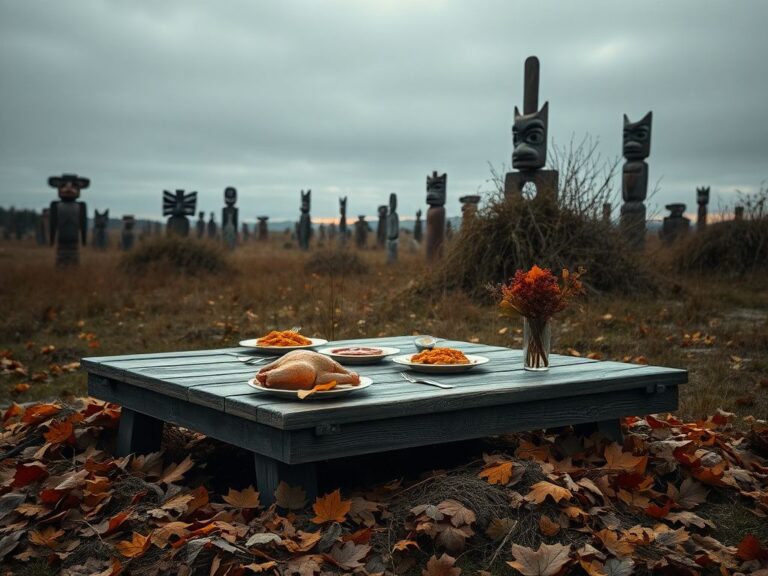 Flick International somber landscape depicting aftermath of Thanksgiving feast with rustic table and graveyard of Indigenous symbols