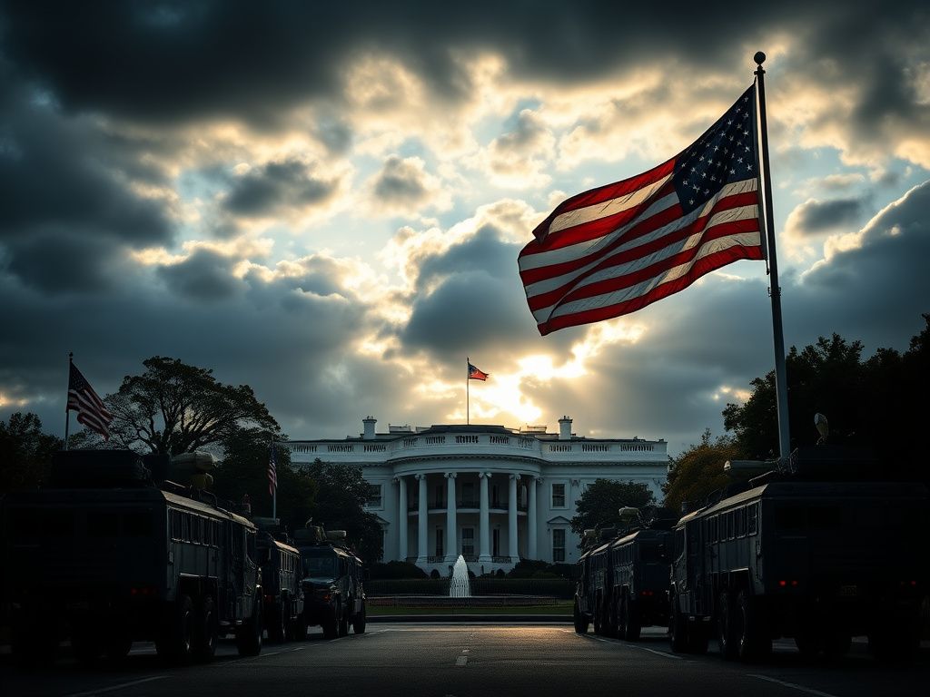 Flick International Majestic view of the White House with National Guard vehicles amidst heightened security