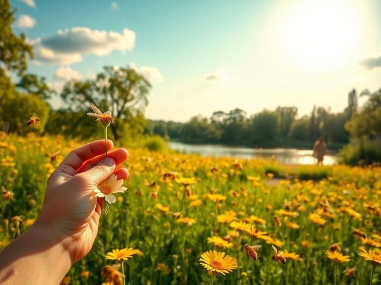 Flick International Child-sized hands gently holding a delicate flower amidst buzzing bees in a vibrant wildflower meadow