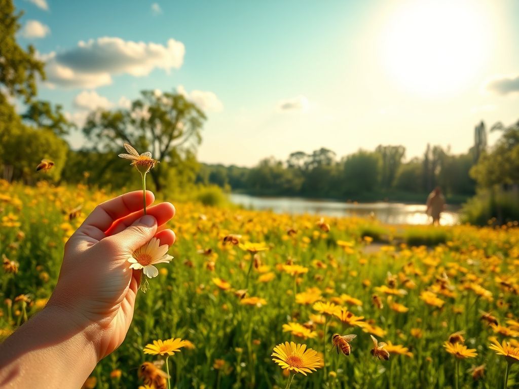 Flick International Child-sized hands gently holding a delicate flower amidst buzzing bees in a vibrant wildflower meadow