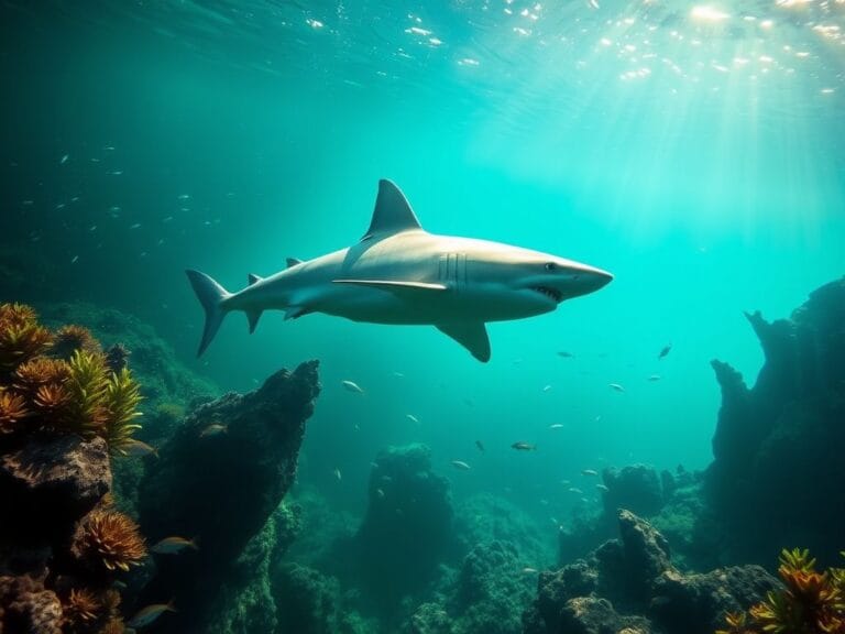 Flick International Great white shark swimming gracefully in clear turquoise waters off the Maine coast