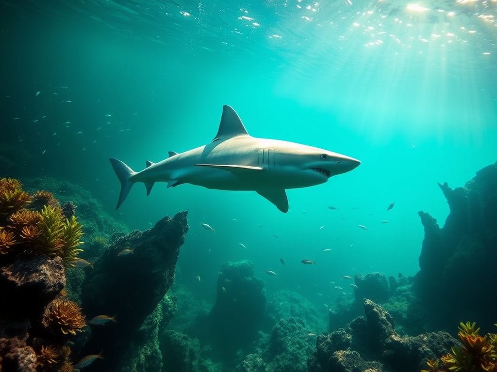 Flick International Great white shark swimming gracefully in clear turquoise waters off the Maine coast