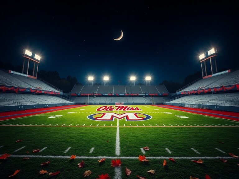 Flick International Serene nighttime scene at a college football stadium with Ole Miss logo and autumn leaves