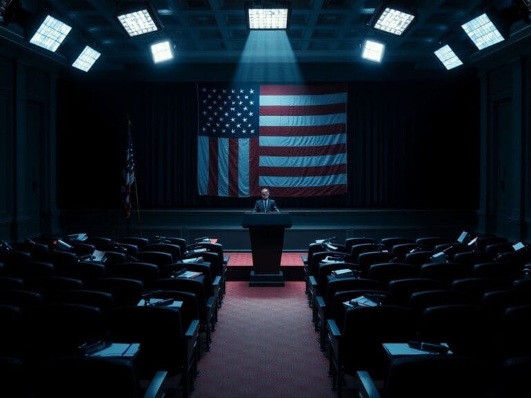 Flick International Empty White House press room with microphones and notepads scattered across seats