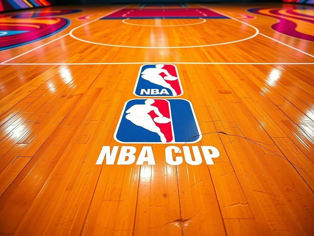 Flick International Close-up of a basketball court featuring NBA Cup branding, showing signs of wear and a potentially dangerous surface.