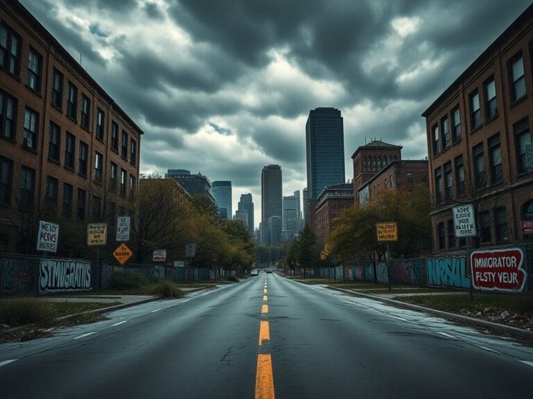 Flick International Urban landscape of Minnesota highlighting immigration struggles and socio-political issues