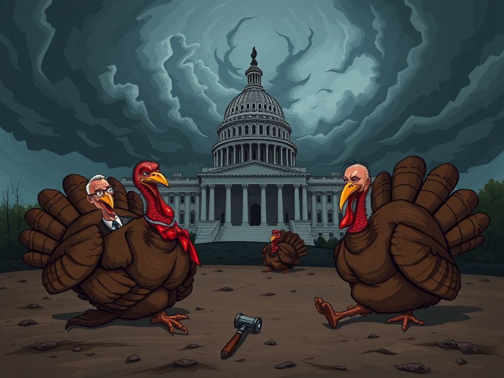 Flick International Dark, moody depiction of political turkeys symbolizing blunders of 2025
