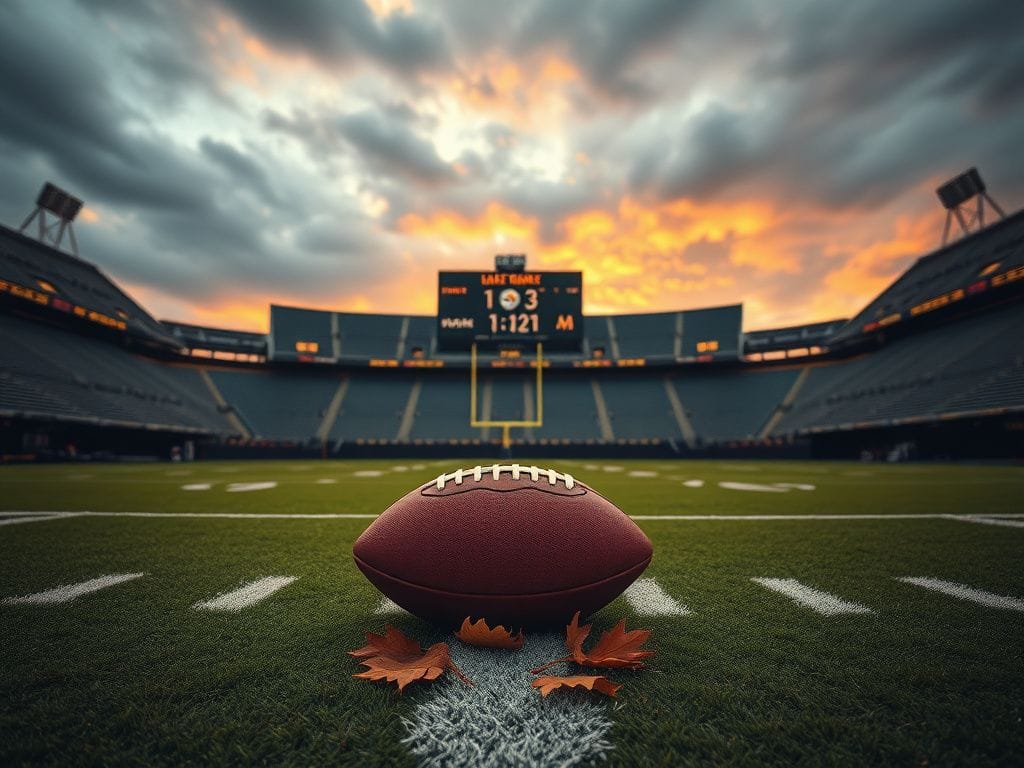 Flick International A pristine football field at Acrisure Stadium with a football resting on the ground, surrounded by fallen leaves, under a cloudy sky.