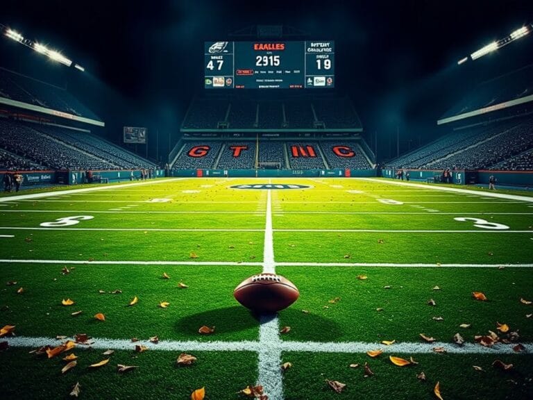 Flick International Twilight scene at Philadelphia Eagles home stadium with empty stands and fallen leaves