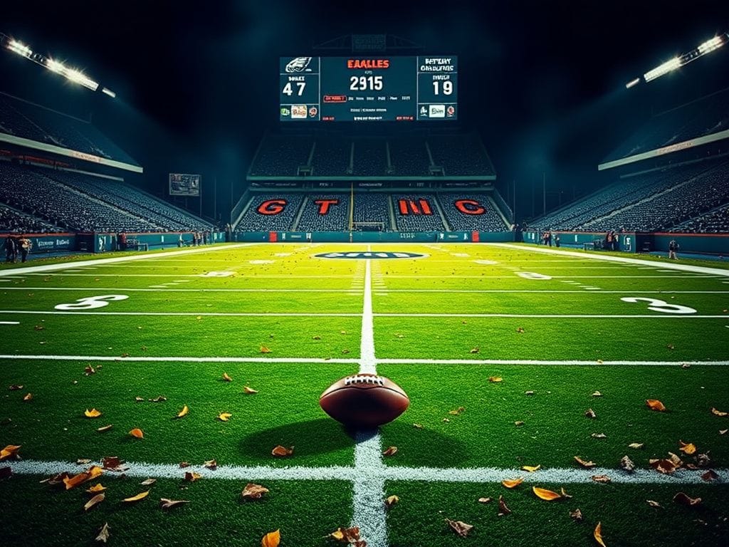 Flick International Twilight scene at Philadelphia Eagles home stadium with empty stands and fallen leaves