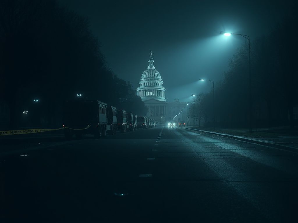 Flick International Dimly lit street in Washington, D.C. with caution tape and National Guard trucks after a nighttime incident