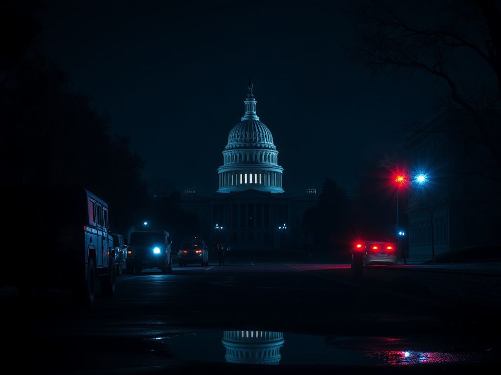Flick International Nighttime view of the U.S. Capitol surrounded by military vehicles and emergency lights