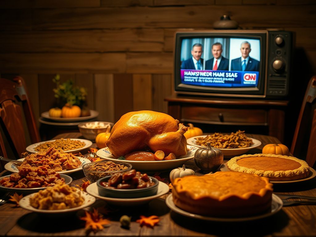 Flick International Rustic Thanksgiving dinner table with a golden-brown turkey and autumn decorations