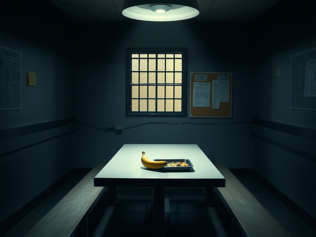 Flick International Dimly lit prison cafeteria with solitary table and unappetizing banana