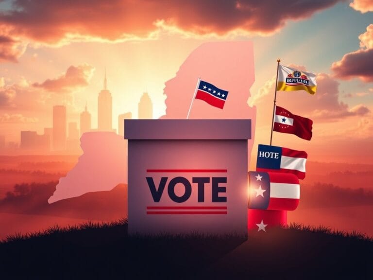 Flick International Abstract representation of New York State's skyline with an oversized voting ballot box symbolizing the GOP primary