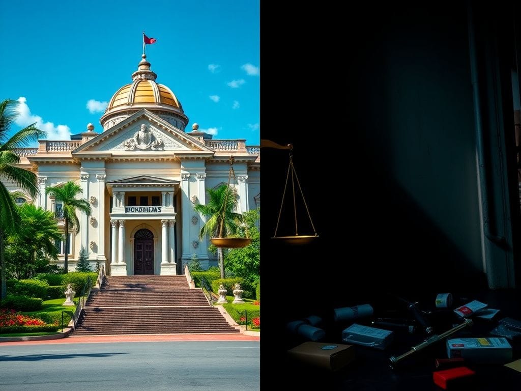 Flick International Split image depicting contrasting political themes in Honduras, showcasing a grand government building on the left and a dark alley representing drug trafficking on the right.