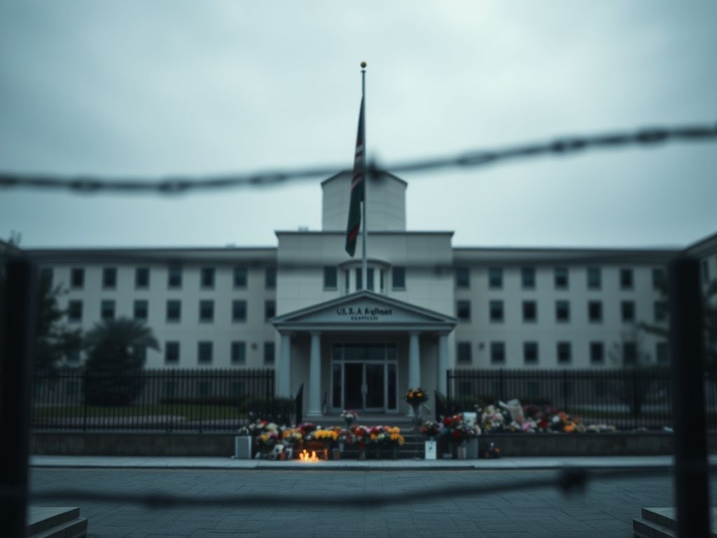 Flick International Closed U.S. embassy with flag at half-mast amid memorial for National Guard attack victims