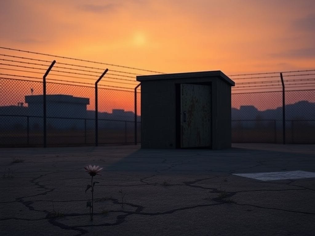 Flick International Solitary prison yard at dusk with barbed wire and a weathered execution chamber