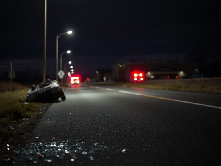Flick International A deserted rural Ohio road at night with shattered glass and an overturned vehicle after a car accident