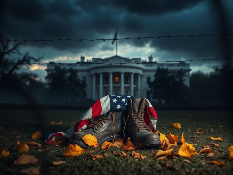 Flick International A pair of combat boots draped with an American flag, symbolizing sacrifice and loss near the White House