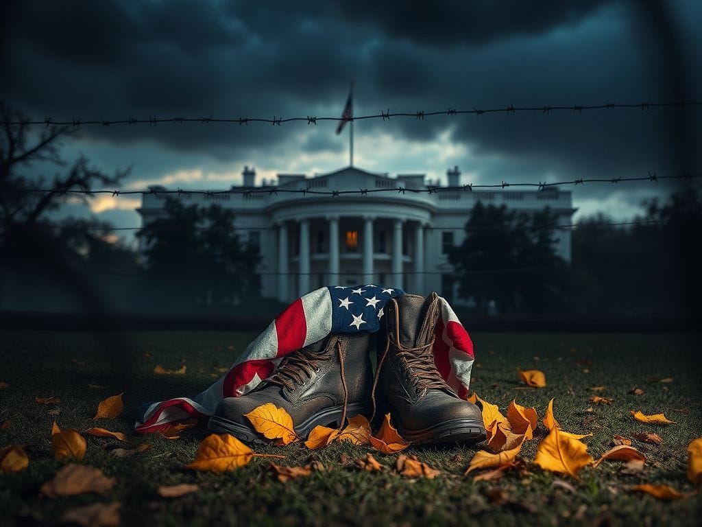Flick International A pair of combat boots draped with an American flag, symbolizing sacrifice and loss near the White House