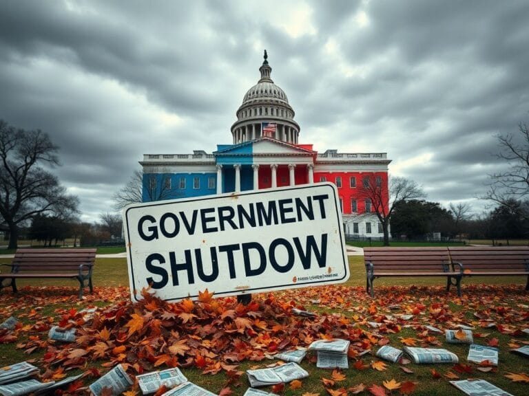 Flick International Divided government building symbolizing political tension with blue and red sides as autumn leaves cover a crumbling 'Government Shutdown' sign.