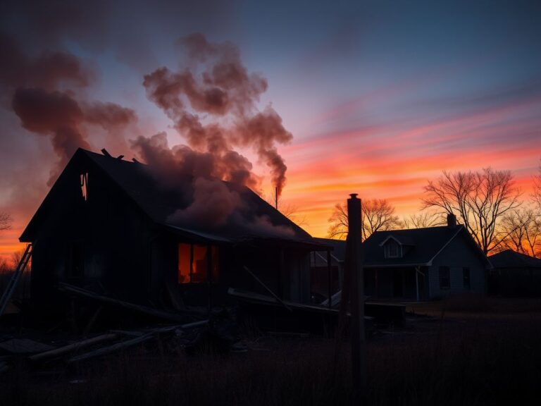 Flick International Aftermath of a house fire showing charred remains of a family home