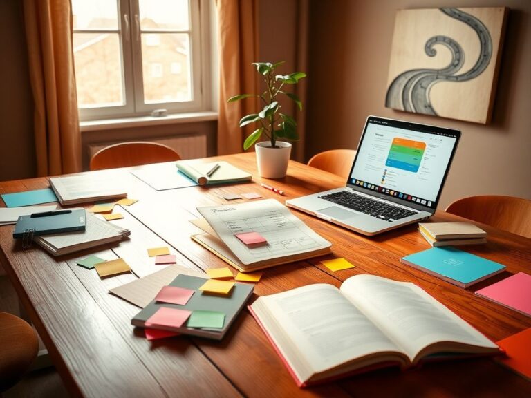 Flick International A serene workspace featuring a large wooden table with colorful planning materials, a laptop, and a plant illuminated by sunlight