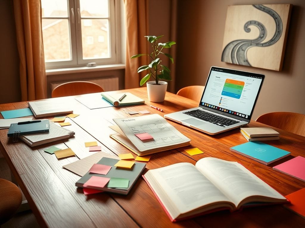 Flick International A serene workspace featuring a large wooden table with colorful planning materials, a laptop, and a plant illuminated by sunlight