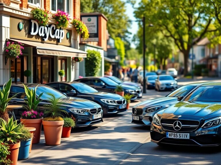 Flick International Vibrant outdoor seating area of DayCap Café with European cars parked nearby