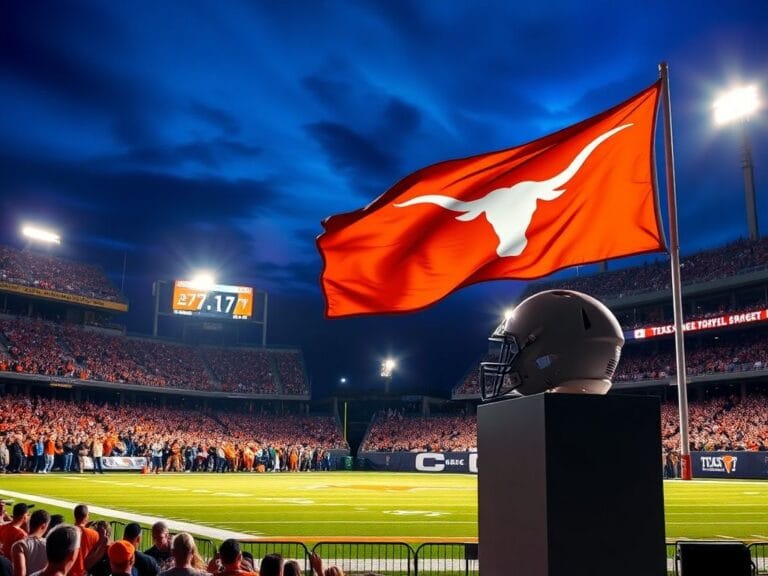Flick International Vibrant college football stadium filled with cheering Texas Longhorns fans under bright stadium lights