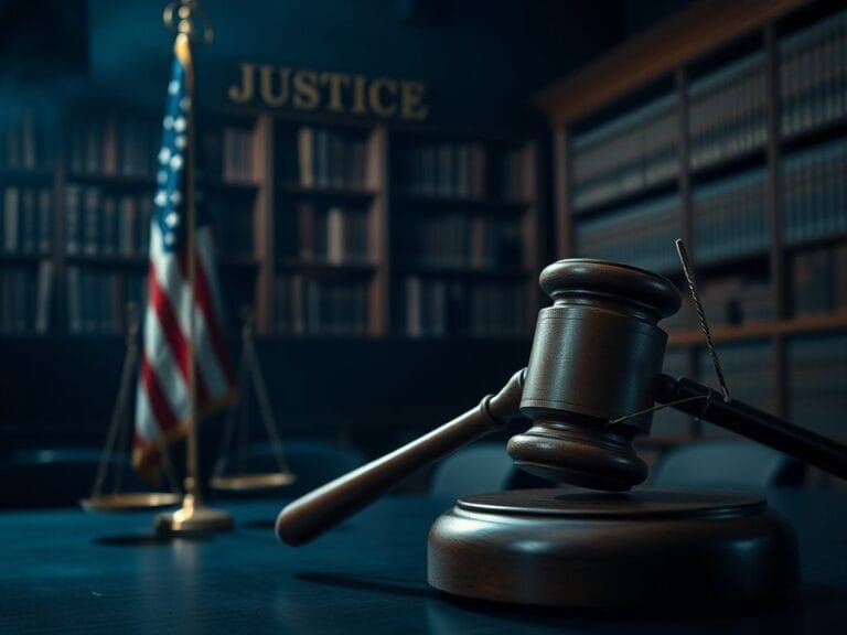 Flick International Dark courtroom scene with a wooden gavel and blurred law books