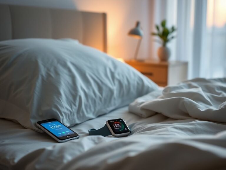 Flick International A serene bedroom scene at dawn with an elegant Apple Watch on a bedside table, showcasing a sleep score interface.