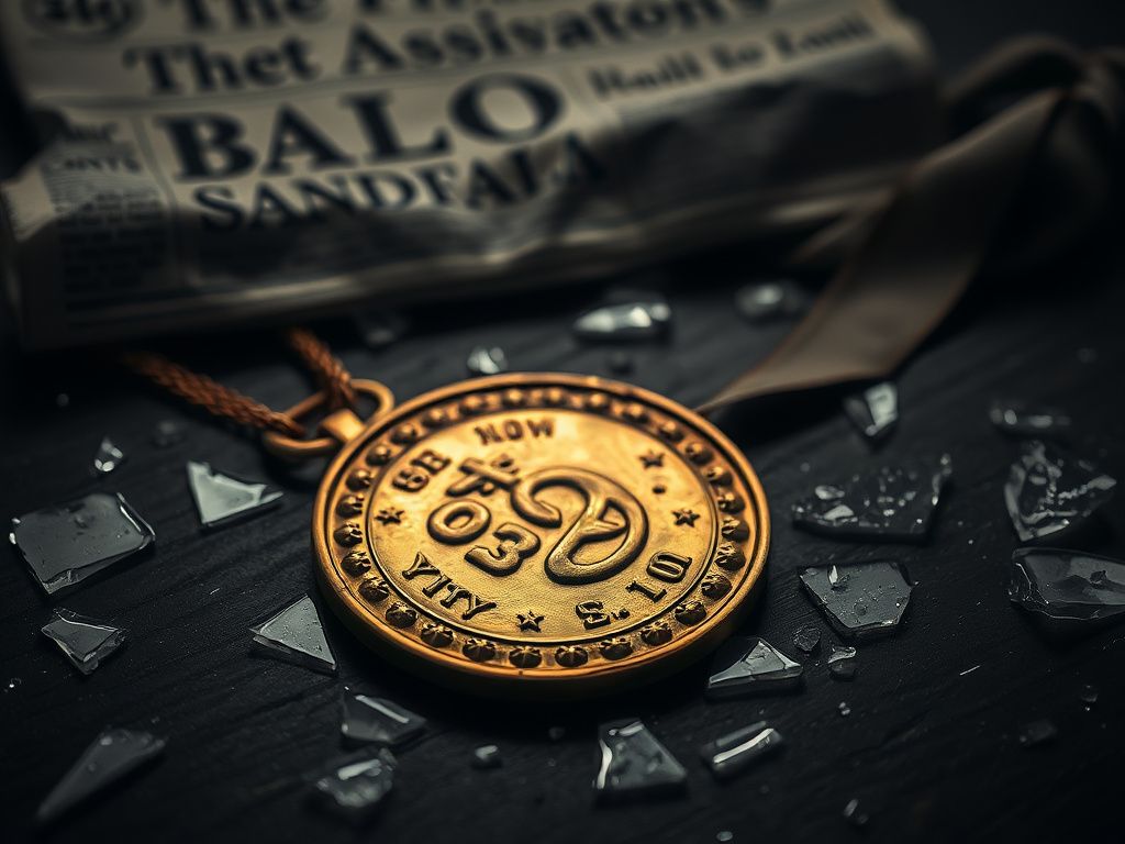 Flick International Close-up of a tarnished gold medal surrounded by shards of broken glass