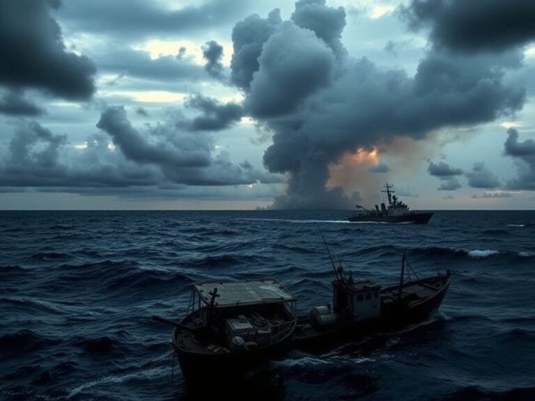 Flick International Dramatic aerial view of a naval military vessel patrolling the Caribbean Sea, with smoke indicating a strike against drug traffickers.
