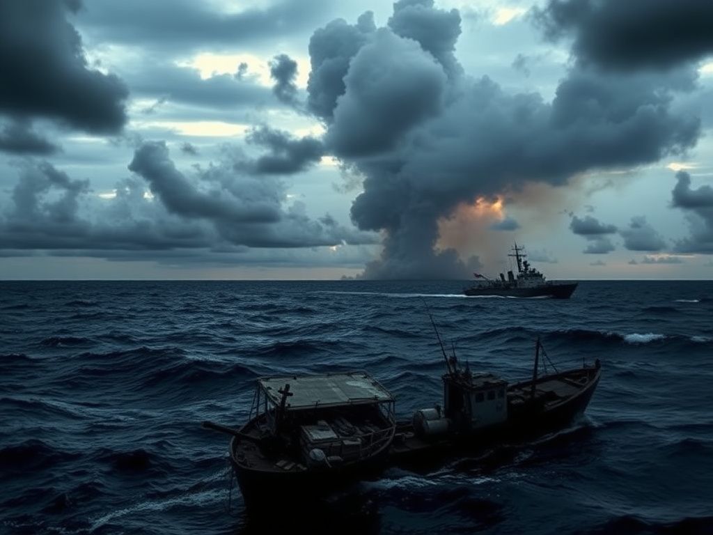 Flick International Dramatic aerial view of a naval military vessel patrolling the Caribbean Sea, with smoke indicating a strike against drug traffickers.