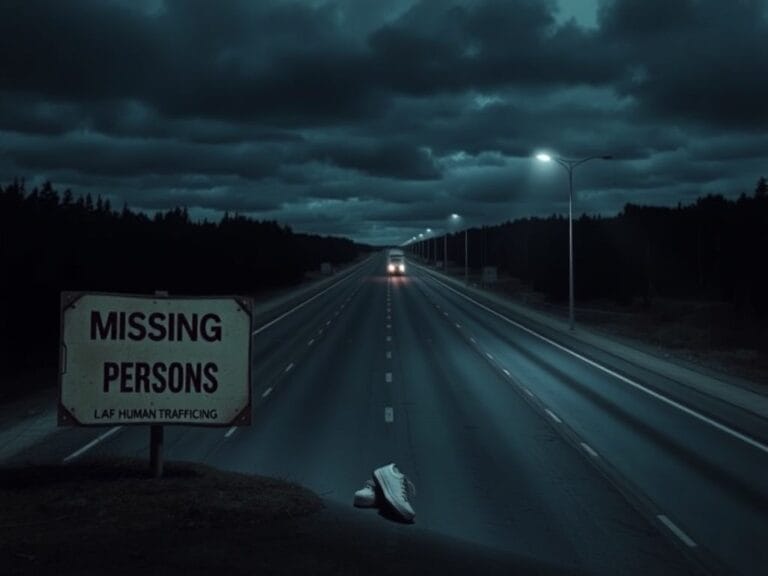 Flick International A long, desolate interstate highway with abandoned shoes and a 'Missing Persons' billboard