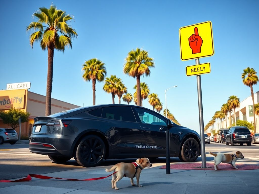 Flick International A sleek black Tesla Cybertruck parked on a vibrant Los Angeles street with palm trees and colorful signs.