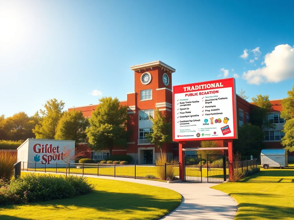 Flick International Vibrant school building surrounded by greenery with a billboard showcasing extracurricular activities