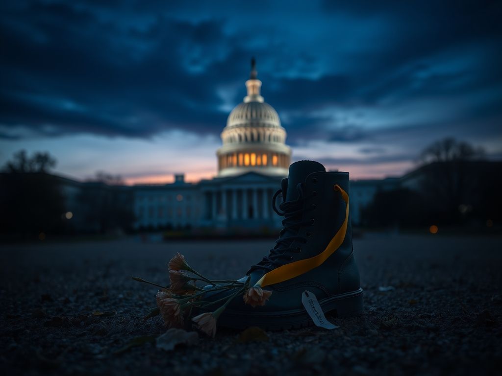Flick International A pair of combat boots surrounded by wilted flowers in front of the U.S. Capitol building at twilight.