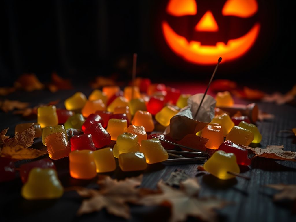 Flick International Close-up of Halloween-themed candy spread with gummy bears and sewing needles
