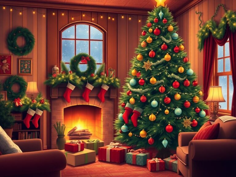 Flick International Cozy living room decorated for Christmas with a large tree and stockings by the fireplace