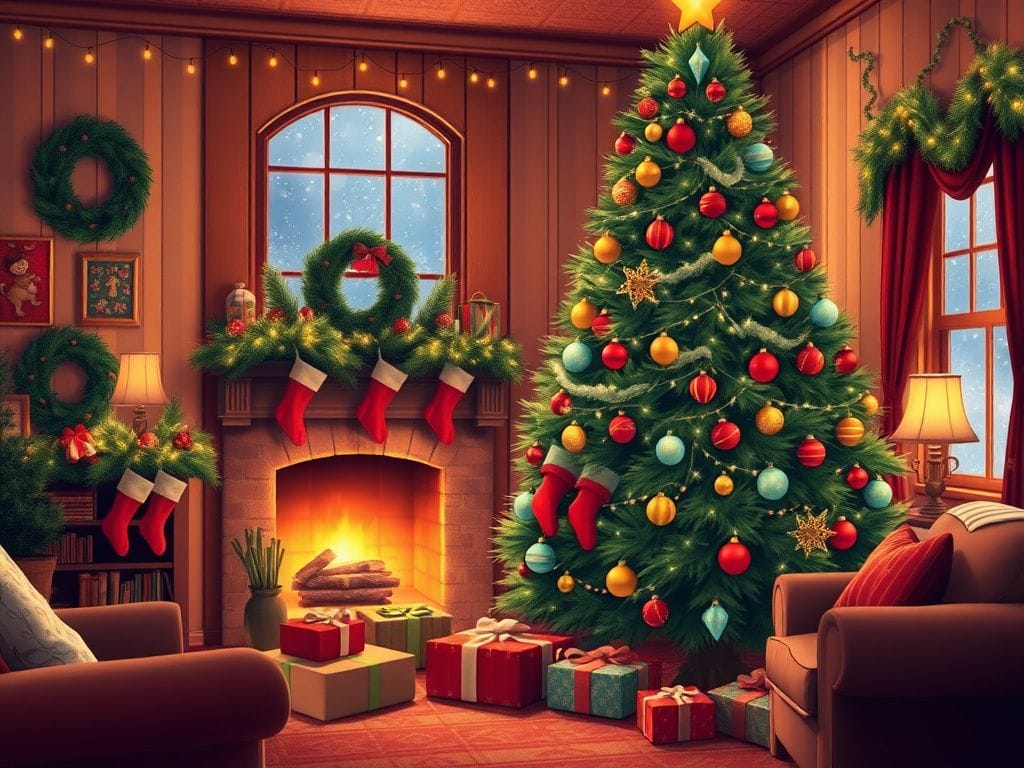 Flick International Cozy living room decorated for Christmas with a large tree and stockings by the fireplace