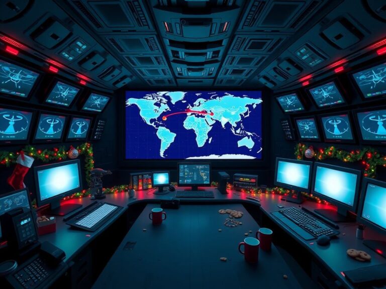 Flick International High-tech military command center featuring festive holiday decorations and Santa's tracking route