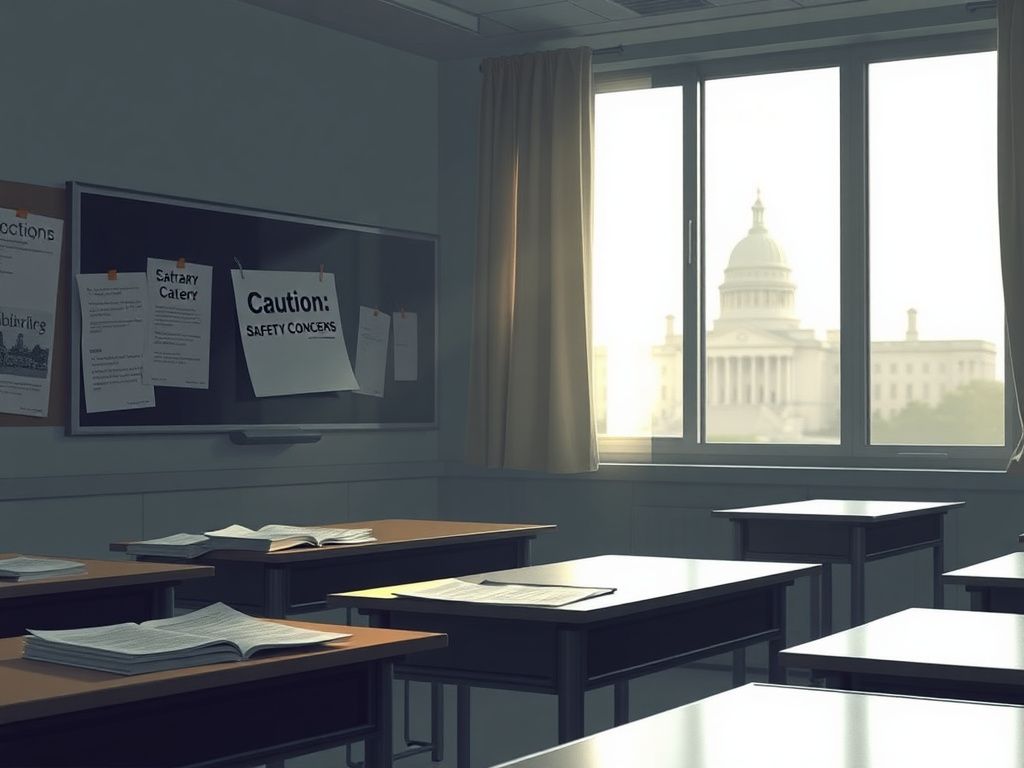 Flick International Empty classroom with scattered textbooks symbolizing student absence due to immigration concerns