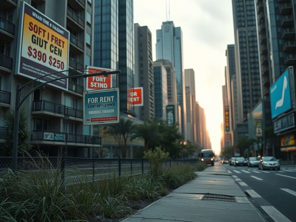 Flick International Urban landscape with modern buildings and a vacant 'For Rent' sign reflecting economic challenges